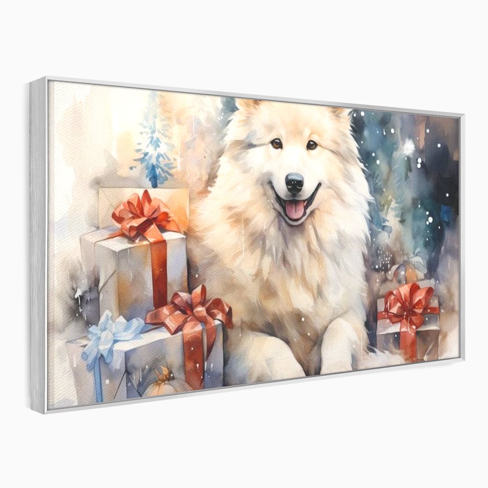 Tablou canvas cu tablou cu caine samoyed si cadouri de craciun, in rama de aluminiu argintiu